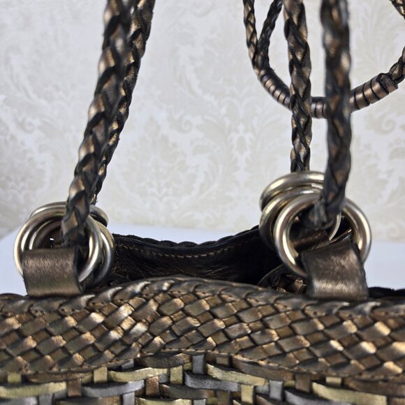 LJS Collection Small Braided Woven Leather Bucket Shoulder Bag Mixed Metallics - Picture 7 of 13